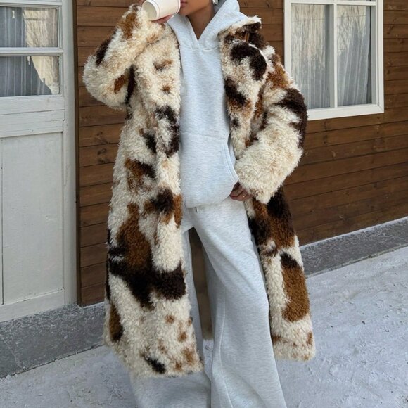 Multicolor Casual Women's Cow Print Faux Fur Jacket - Picture 5 of 6